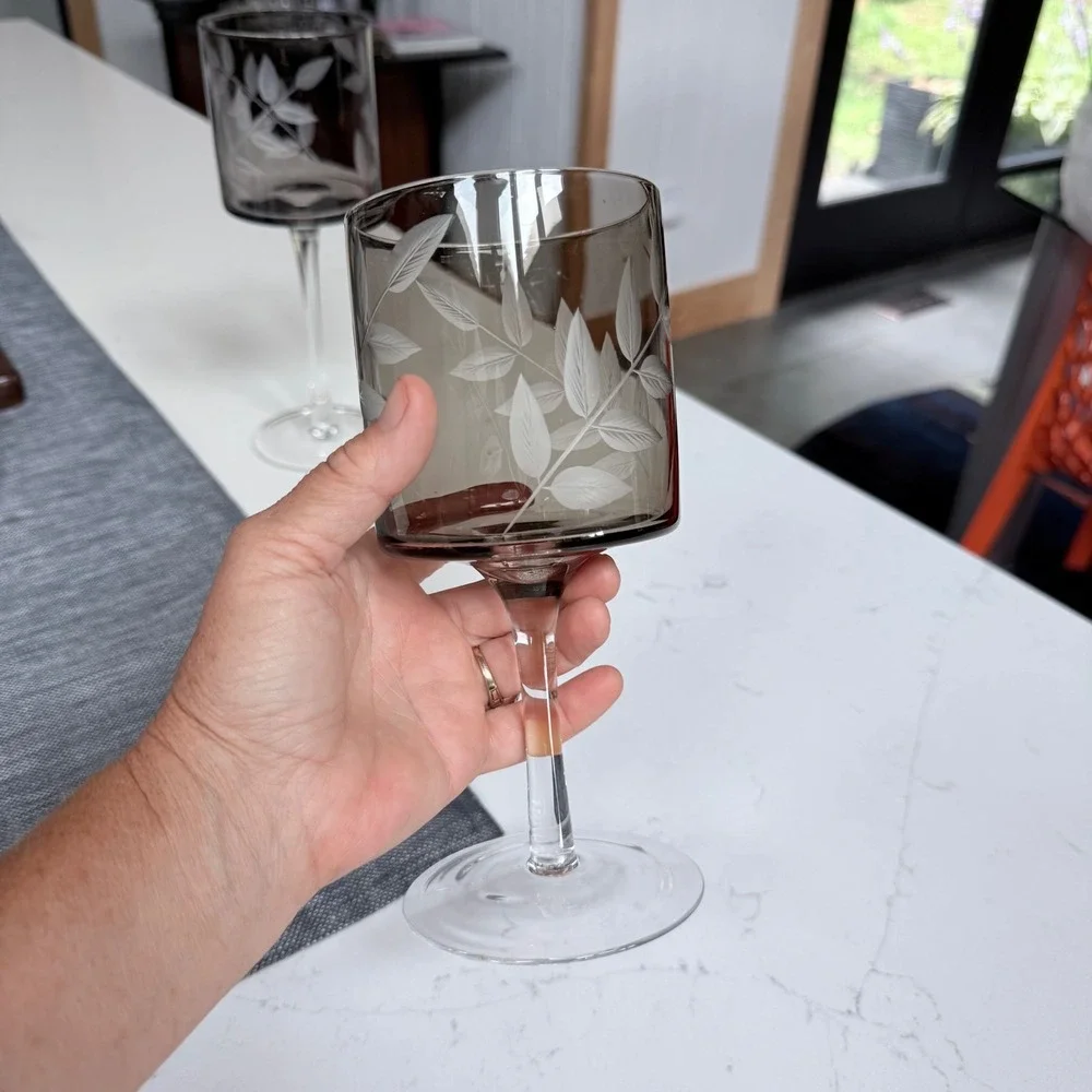 Pair‎ of 2 Vintage Smoked Gray Cylinder Wine Glasses Botanical~Candle Holders